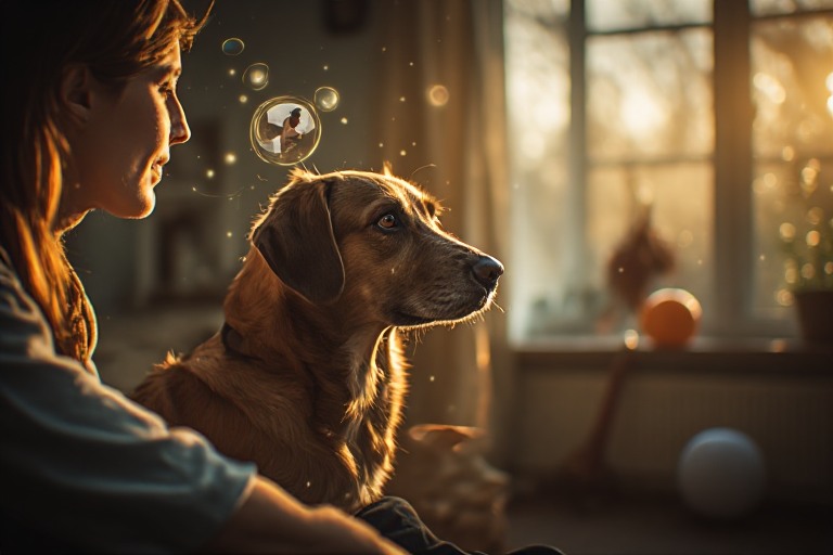 A heartwarming and emotional scene of a loyal dog sitting close to its owner in a peaceful home environment. The dog is looking attentively at the owner with expressive, intelligent eyes, showing deep emotional connection and loyalty. Subtle visual elements suggest memory and imagination, such as soft glowing “memory echoes” around objects like a walking umbrella, a ball, and shared moments between dog and owner. In the background, faint artistic overlays show the dog recalling past scenes with its owner, symbolizing memory and intelligence. The atmosphere is warm, golden lighting, highly detailed, cinematic style, ultra-realistic, soft depth of field, emotional storytelling composition, 4K quality. Focus on themes: loyalty, intelligence, emotional memory, and bond between human and dog.