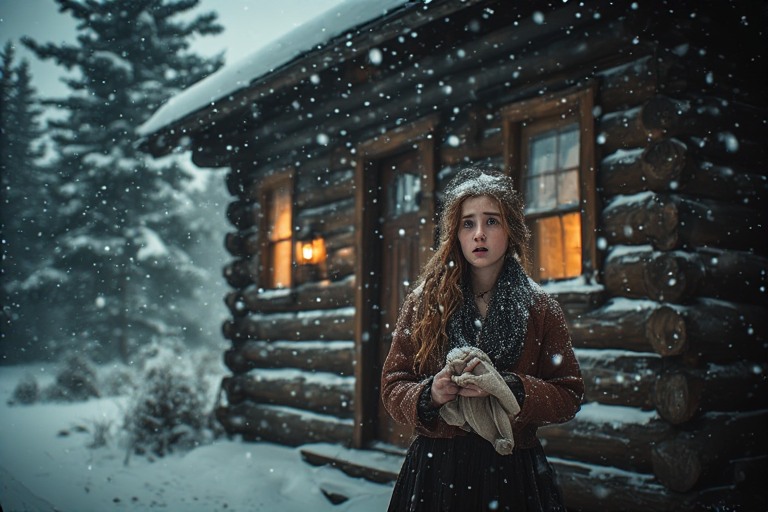 “A cinematic, ultra-realistic winter survival scene set in the remote Rocky Mountains of Montana during a brutal early snowstorm. An 18-year-old girl named Clara Whitmore stands alone in deep snow outside a small, weathered pine-log farmhouse. The wooden cabin glows faintly from inside warmth, while she is outside in the freezing blizzard, snow clinging to her chestnut hair and worn dress. She holds a small cloth sack tightly, her breath visible in the icy air. Her expression is a mix of shock, pain, and silent determination. The heavy wooden door behind her is shut and locked, frost forming on the windows like cracked white scars. Dark pine trees surround the scene, bending under strong wind. The atmosphere is emotional, dramatic, and tense, with soft golden firelight inside the cabin contrasting against the cold blue-white snowstorm outside. Highly detailed, cinematic lighting, shallow depth of field, 4K, ultra-realistic, dramatic storytelling composition, film still style.”